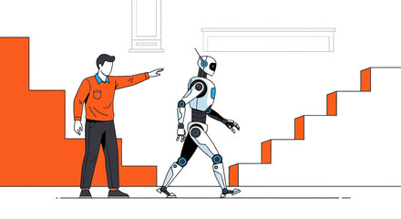 Human guiding advanced robot towards upward progress navigating the staircase to innovation