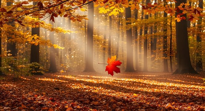 Single autumn leaf falling in golden forest with sunlit trees