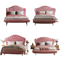 Four views of a rose-pink tufted bed