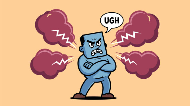 An angry, blue cartoon character stands with arms crossed, emitting puffs of smoke and saying "UGH" as a representation of frustration and annoyance.