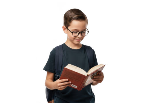 A young boy with glasses and a backpack enthusiastically reads an open book against a stark black background showcasing his focused engagement with learning and education - Powered by Adobe