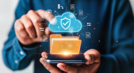 A businessman uses a smartphone to access cloud computing and data storage, ensuring secure file management and efficient data transfer for seamless collaboration and productivity