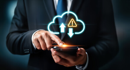 A businessman in a suit is using a smartphone to access cloud computing services, but there is a warning sign indicating a potential problem with the connection or data transfer