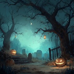 Spooky graveyard scene with carved pumpkins and hanging lanterns under a crescent moon Halloween cemetery