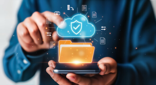 A businessman uses a smartphone to access cloud computing and data storage, ensuring secure file management and efficient data transfer for seamless collaboration and productivity