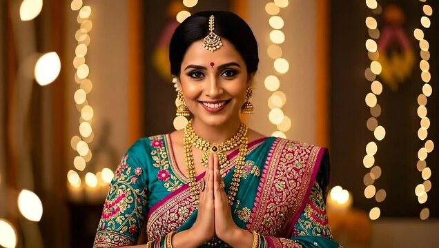 Elegant Indian Woman in Traditional Sari and Jewelry Welcoming with Namaste.