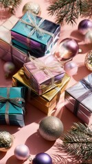 Colorful Gift Boxes With Shiny Ribbons Create A Festive Holiday Display Of Presents, Ornaments, And Cheer For Christmas Celebrations, Winter Decor, And Joyful Moments In Photos And Stock Content