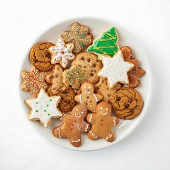 Assorted christmas cookies on a white plate including gingerbread men snowflakes stars and chocolate chip