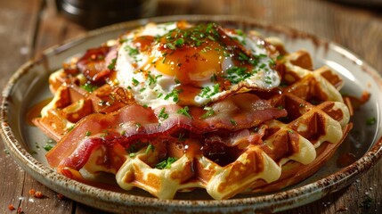 A beautifully arranged plate showcases waffles topped with a sunny-side-up egg, crispy bacon, and fresh herbs