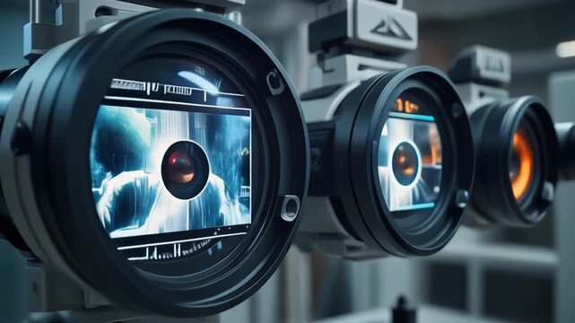 Close-up of advanced camera lenses in a high-tech laboratory setting.