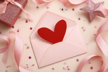 Valentine Heart Envelope With Pink Ribboned Gift, Romantic Greeting Card, Red Heart Inside, Pink Glitter Decor For Love and Celebration