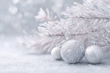 Silver Christmas Ornaments on Frosted Branches: Elegant Winter Holiday Decorations with Glittering Baubles for Festive Seasonal Scenes