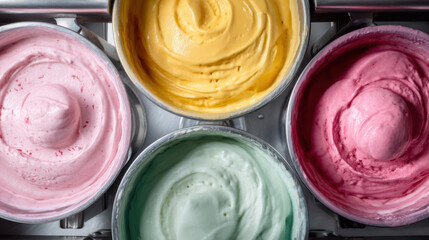 Colorful ice cream in metal containers showcasing pink, yellow, green, and cream flavors with a smooth texture