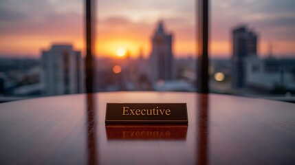 Executive nameplate on a desk with city skyline and sunset visible through a window behind it