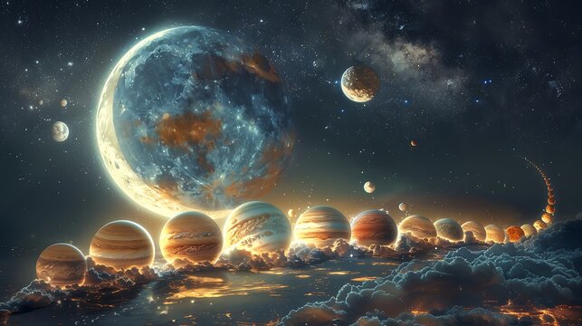 Mesmerizing cosmic landscape features a colossal glowing planet presiding over a celestial procession of radiant orbs