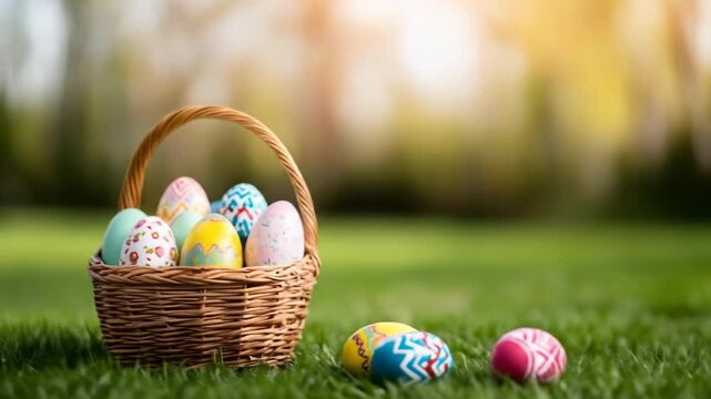 Colorful easter eggs in wicker basket on green grass outdoor spring celebration