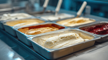 Variety of gelato flavors displayed in metal tubs at an ice cream parlor with a modern interior setting