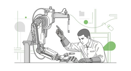 Illustrative representation of a man interacting with an advanced robotic machine