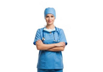 Confident female surgeon in blue scrubs and surgical cap stands with arms crossed against a stark black background wearing a stethoscope