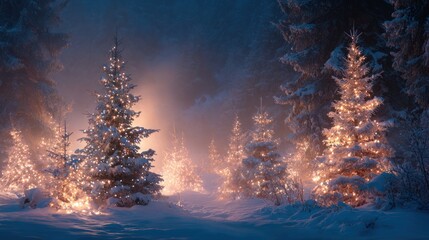 Snowy Forest Christmas Lights—Warm Glow on Snow-Covered Trees in a Winter Night Scene