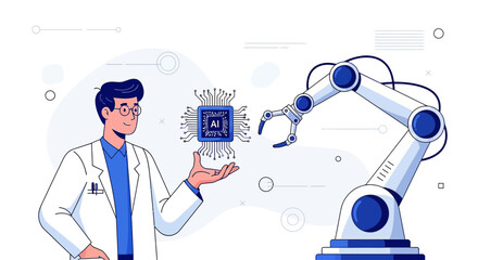 Innovation convergence expert holding ai chip with robotic arm technology illustration