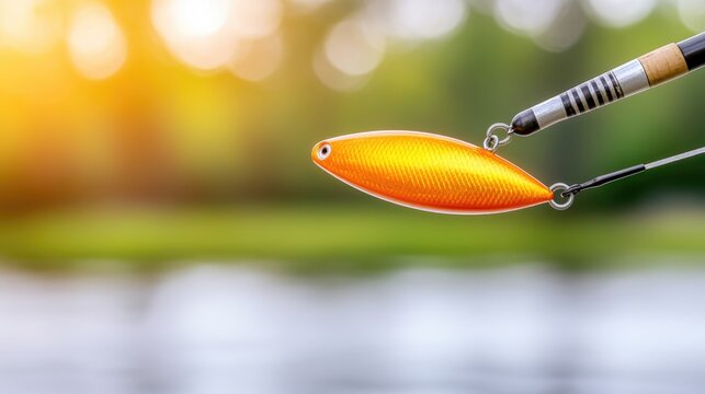 Boho fishing lure attached to rod ready for action by tranquil river at sunset