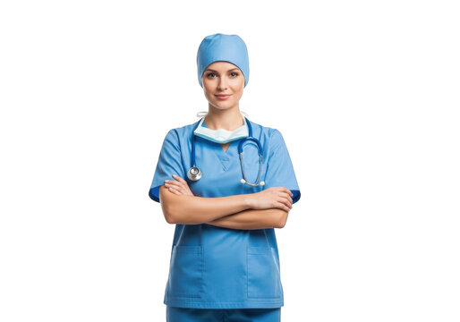 Confident female surgeon in blue scrubs and surgical cap stands with arms crossed against a stark black background wearing a stethoscope