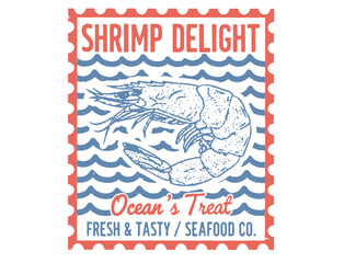 Vintage postage stamp illustration featuring a shrimp. Retro seafood label design with blue waves and typography. Vector emblem for packaging or menu.