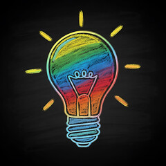 Hand-Drawn Colorful Chalk Lightbulb on Blackboard for Idea and Creativity Concept, Vibrant Vector Sketch of a Full Bulb Symbolizing Innovation and Energy, ideas, innovation, creativity, solutions.