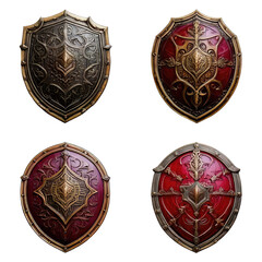 Four detailed, ornamental shields on a black background