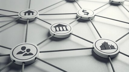 Social Security Contribution Concept. Digital network with financial and social icons interconnected on a minimalist surface.