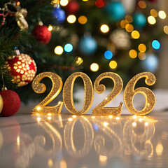 Golden 2026 numbers illuminated with christmas tree lights and ornaments