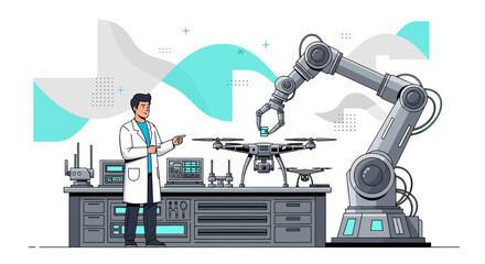 Innovative drone technology being developed by a robotics expert in a hi tech laboratory