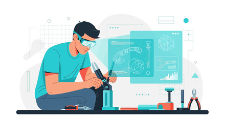 Innovative engineer crafting prototype with augmented reality interface tools platform