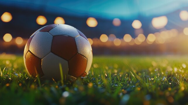 A close-up of a soccer ball on a grassy field with blurred stadium lights in the background