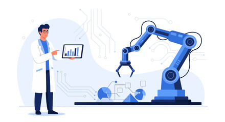 Innovative industrial automation system and data analysis represented by robotic arm and a scientist