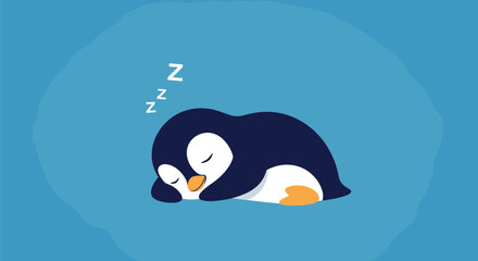 A cute cartoon penguin is sleeping peacefully and dreaming with ZZZs floating above its head in a calming looping animation.