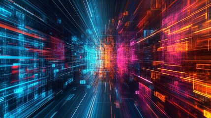Fototapeta premium Immersive digital world with vibrant neon colors offering a futuristic, high-tech vibe perfect for innovation and technology concepts, stunning visuals