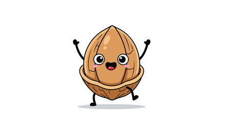 Obraz premium A joyful and energetic animated walnut character with a cute face happily jumps out of its shell with arms raised in excitement.