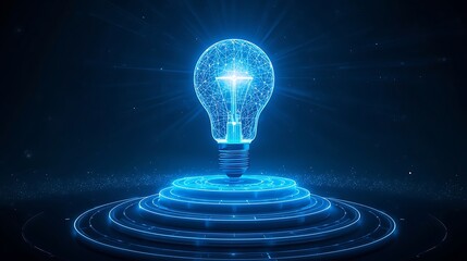 Glowing digital light bulb on a tiered platform against a dark blue abstract background