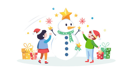 Naklejka premium Kids decorating a giant snowman with glowing stars as buttons .vector icon