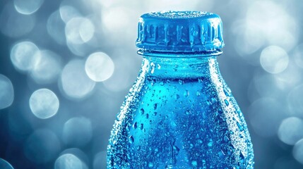 A close-up of a sparkling blue beverage bottle with condensation