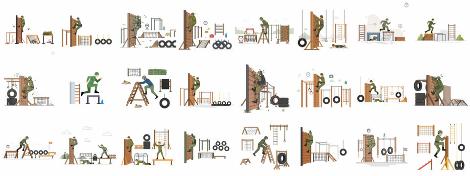 Flat illustration set of soldiers completing various challenges on a rugged military obstacle course during intensive training drills. - Powered by Adobe