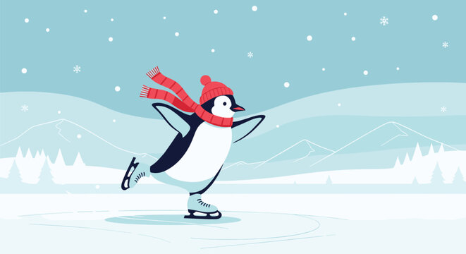 A graceful cartoon penguin wearing a red hat and scarf ice skates on a frozen lake in a snowy winter landscape animation.