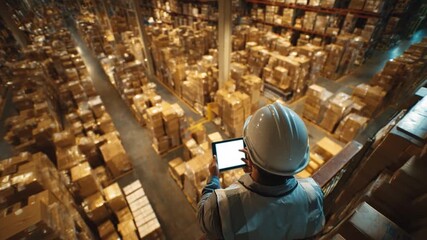 Warehouse Oversight: A lone worker in a safety helmet meticulously reviews data on a tablet amidst a sprawling warehouse of organized packages, symbolizing efficient operations. - Powered by Adobe