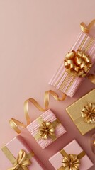Colorful Pink Gift Boxes With Gold Ribbons And Bow On Soft Peach Background – Elegant Festive Packaging For Celebrations And Gifts