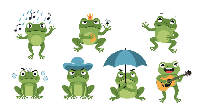 A collection of eight cute green frog cartoon characters showing a wide range of emotions like happy angry and sad.