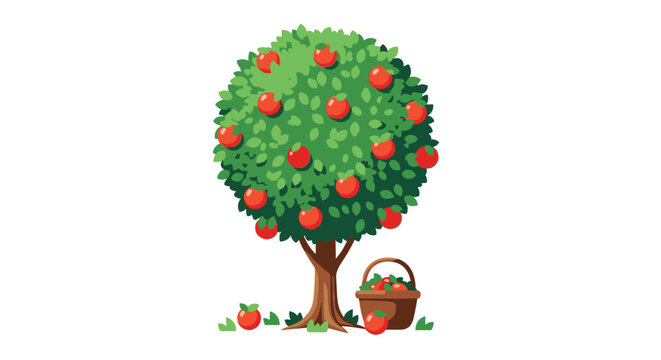A lush green cartoon apple tree full of ripe red apples with a wicker basket of freshly picked fruit at its base.