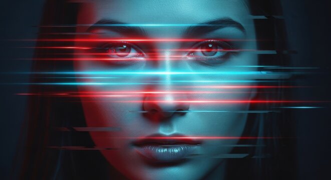 Futuristic woman face with neon lights digital art ai generated image - Powered by Adobe
