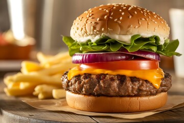 Delicious Hamburger with French Fries on Rustic Wood Table Perfect Fast Food Indulgence